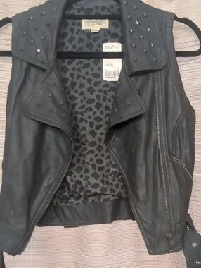 Studded Black Faux Leather Moto Vest with Leopard Print Lining